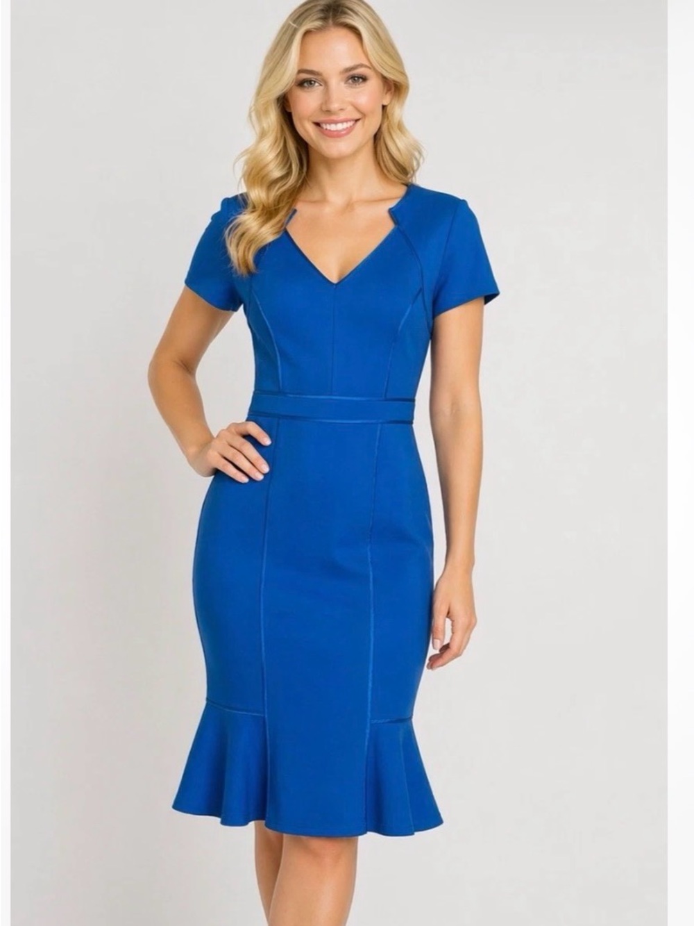 Nue by Shani Royal Blue V-Neck Sheath Dress with Flounce Hem